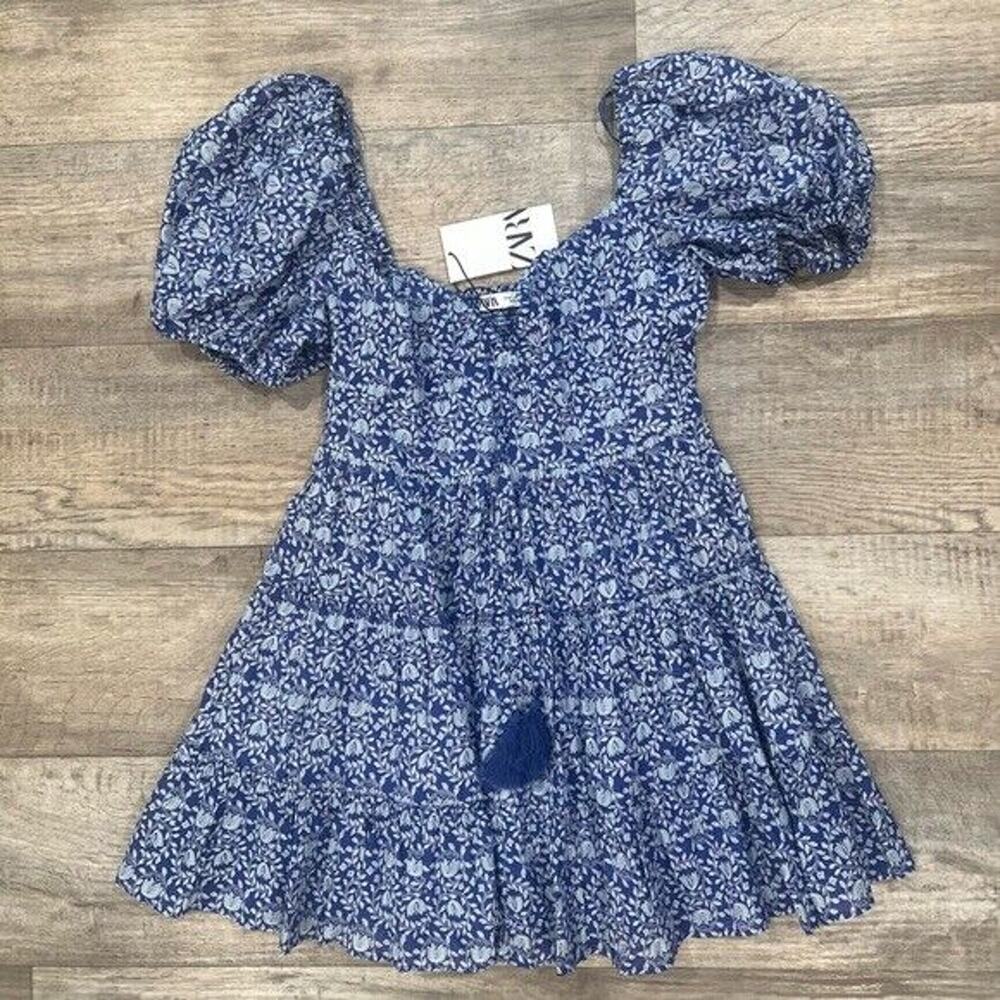 Zara NWT Blue White Cotton Floral Smocked Mini Dress M L - Picture 15 of 16